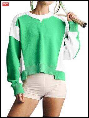 Oversized Cropped Sweatshirt Crewneck Long Sleeve Color Block Pullover Sport Top